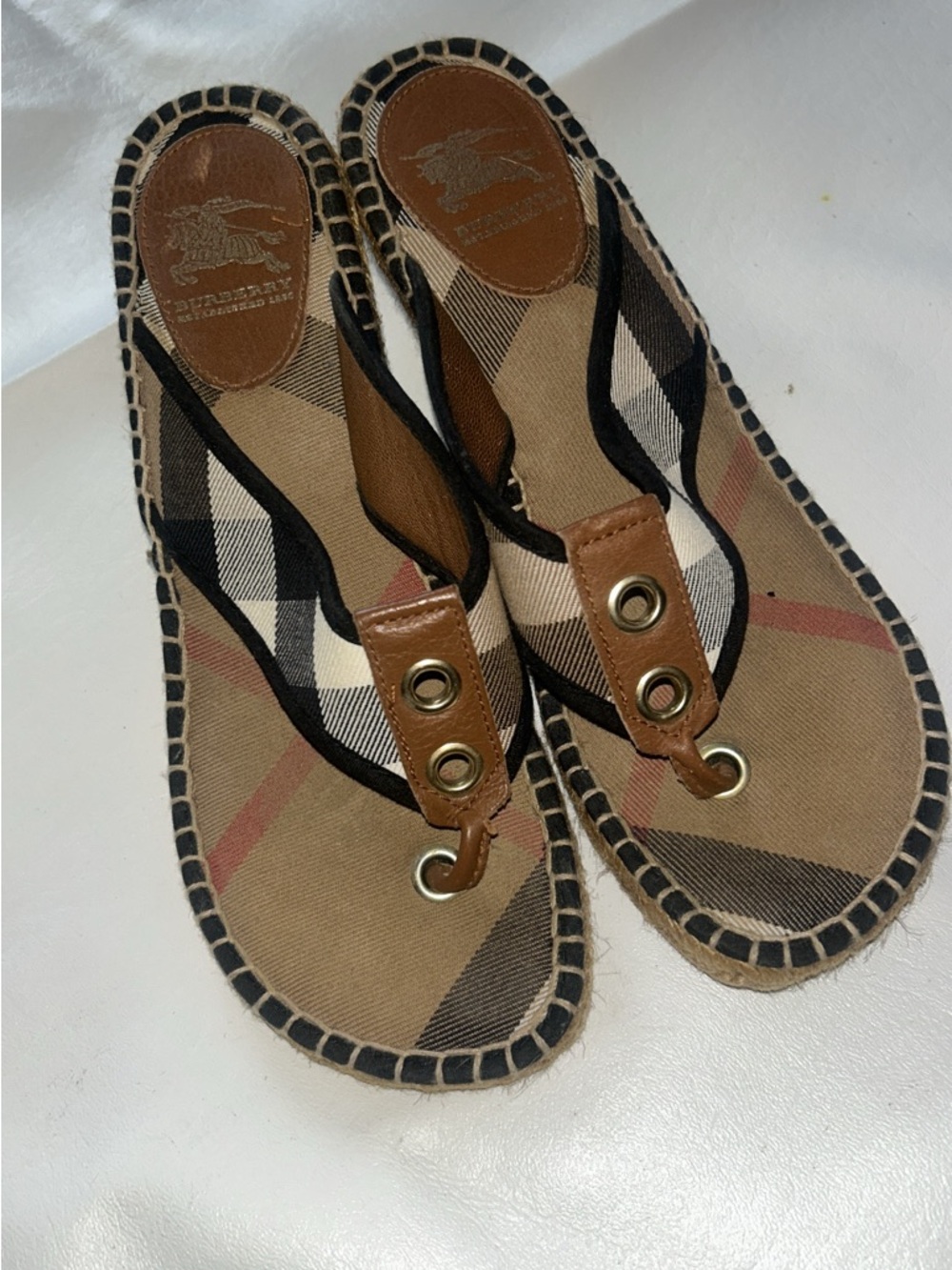 Burberry Tan and Black Plaid Wedge Espadrille Sandals - Picture 2 of 2